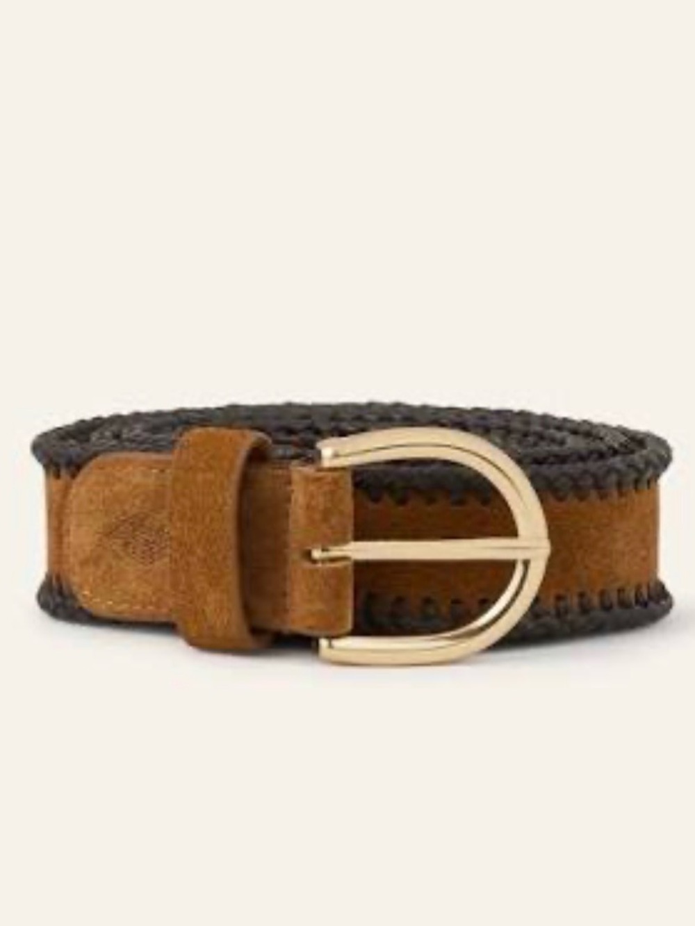 Ba&sh Brosco Woven Suede Belt. Suede Brown Braided Edge Belt with Gold Buckle